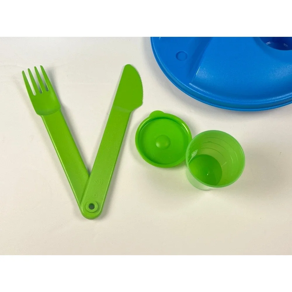 Tupperware Salad On the Go Complete Set Blue Green Fork and knife Lunch Kit
